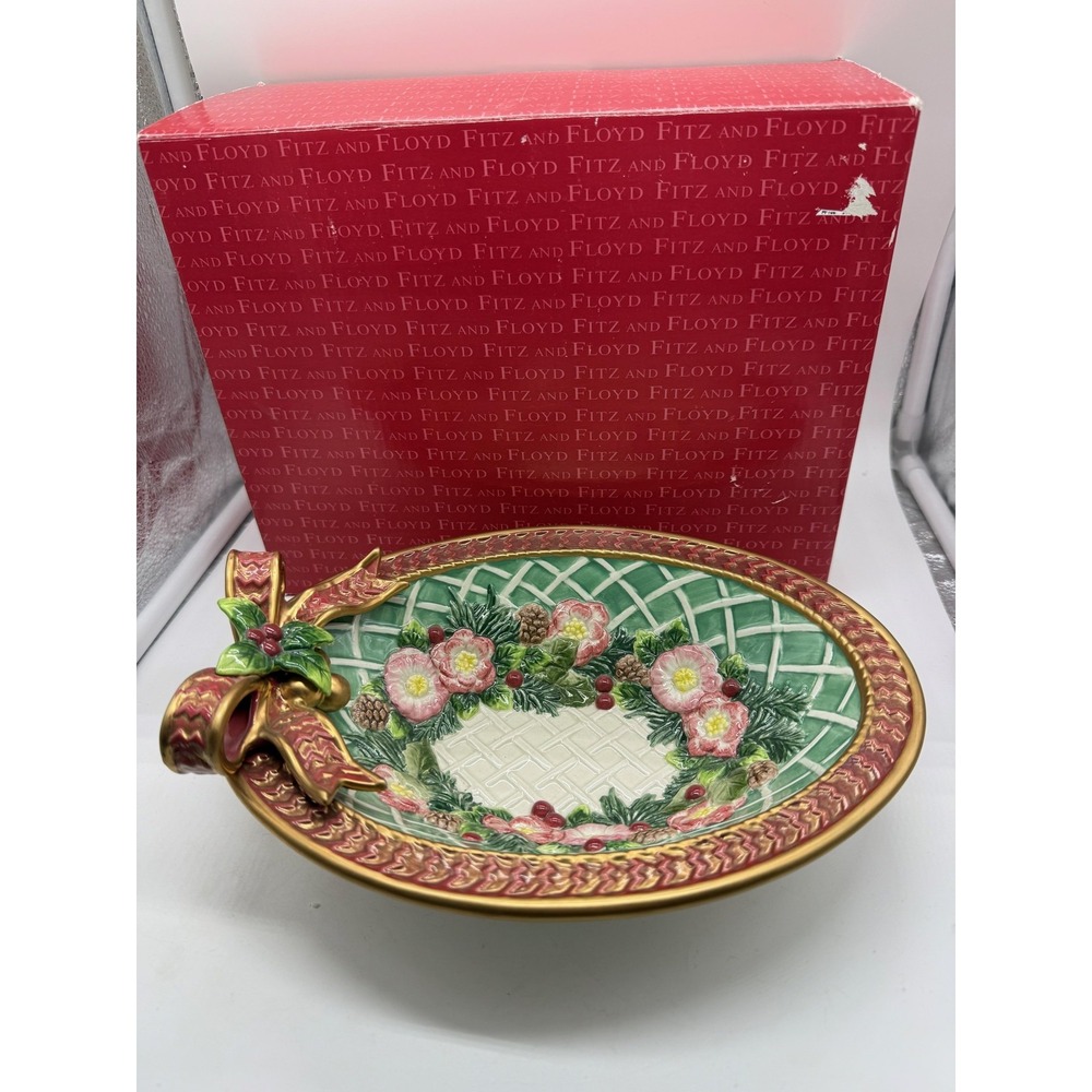 Fitzโ And Floyd Christmas Wreath Green Oval Bowl Porcelain Collector Plate